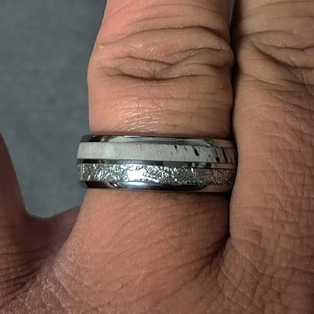 Personalized Men's Real Silver Tungsten Wedding Ring Meteor & Deer Antler Inlay